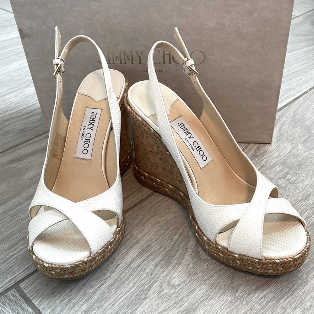 Jimmy Choo Amely Woven Raffia Wedge Sandals in Latte 38.5 US 8.5